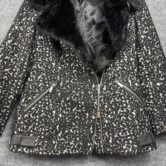 Karen Millen Leopard Print Faux Fur Collar Moto Jacket Women Black White Size 10